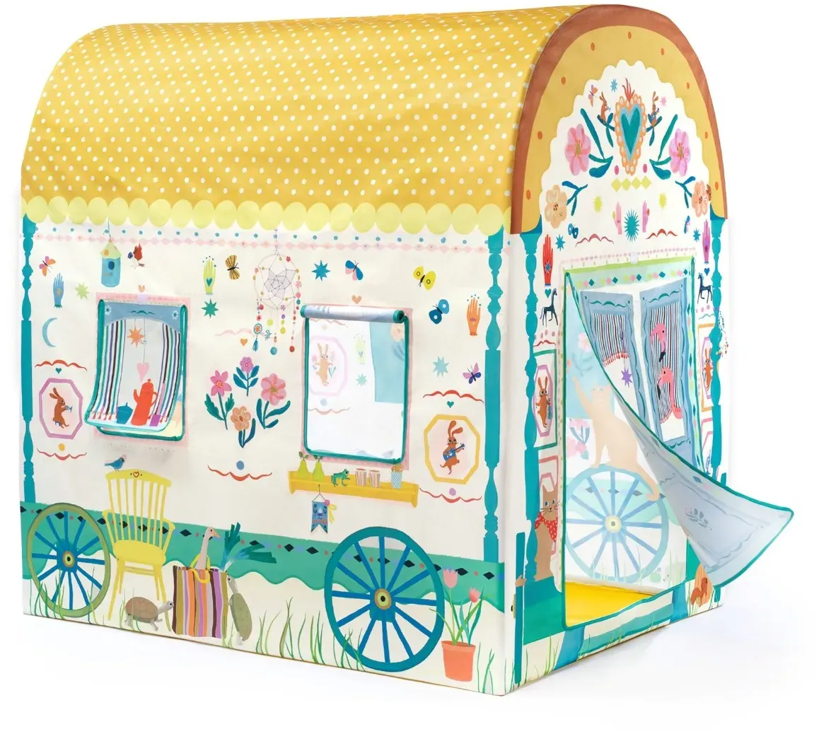 Djeco Zelt-Wohnwagen Kinderspielzelt 100x76x105 cm Bunt - Polyester, Holzstangen, Gewölbtes Dach, Belüftungsfenster - 3-7 Jahre
