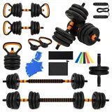 ARATERVIO 6-in-1 Multifunktions-Hantelset 20KG – Verstellbare Kurzhantel & Langhantel mit Kettlebell, Liegestützgriffen, Springseil & Bauchtrainer, Fitness Set (Orange)