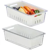Relaxdays Kühlschrank Organizer 2er Set, stapelbar, Abtropfkorb, Lebensmittel mit Deckel, transparent/weiß, 50% Kunststoff