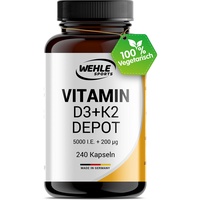 Vitamin D3 K2 Depot 240 Kapseln Hochdosiert - 5.000 IE Vitamin D3 + 200 μg Vitamin K2 MK7 All Trans I Ohne Zusätze, Hergestellt in DE.