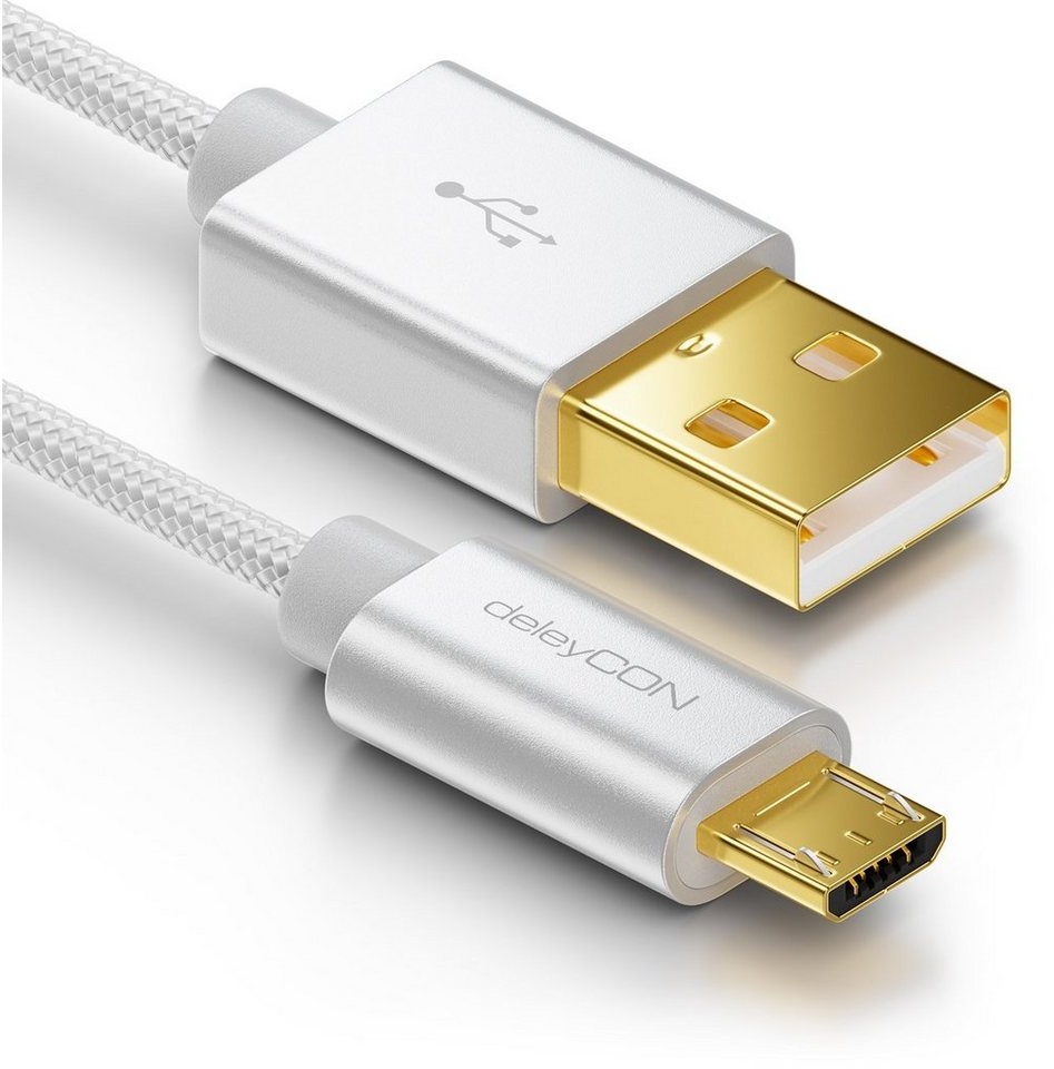 deleyCON deleyCON Micro USB Kabel 2m Nylon + Metallstecker - Silber Smartphone-Kabel