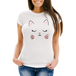 MoonWorks Print-Shirt Damen T-Shirt Katze Katzengesicht Cat Tiergesichter Slim Fit Moonworks® mit Print weiß S