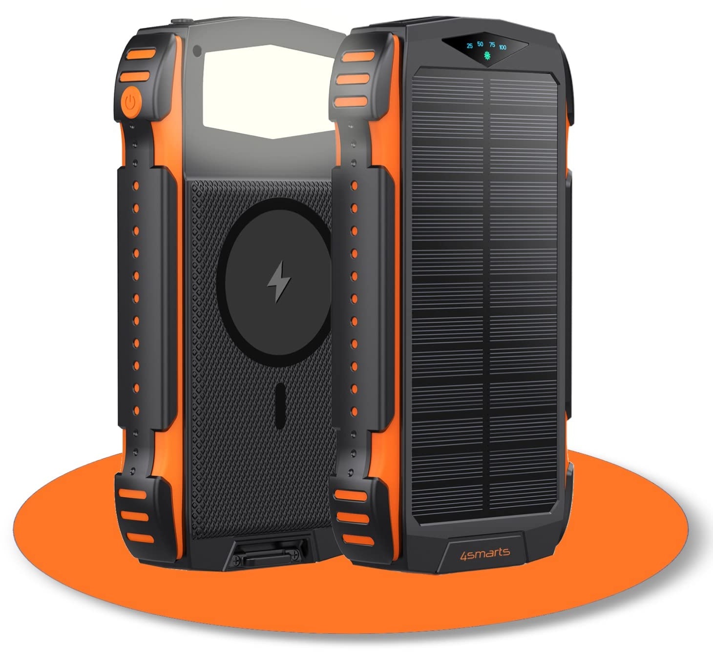 4smarts Powerbank 20000mah [Schwarz Orange] - Solar Powerbank mit Schnellladefunktion für mehrere Geräte gleichzeitig - Wireless Powerbank mit MagSafe & LED Lampe als Travel Essentials - Power Bank