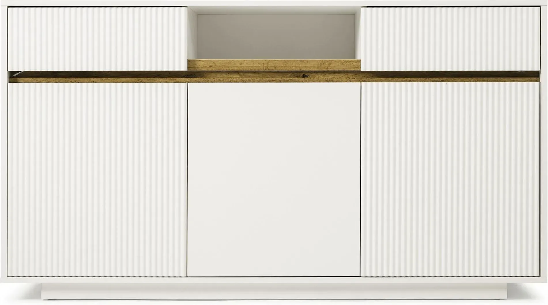 Modernes Sideboard mit LED-Leiste, 2 Schubladen und 3 Türen, verstellbare Einlegeböden, 140x40x85 cm, Weiß