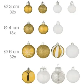Relaxdays Weihnachtskugeln 101er Set, Kunststoff, Weihnachtsbaumdeko mit Kugeln & Spitze, Christbaumschmuck, Gold/weiß