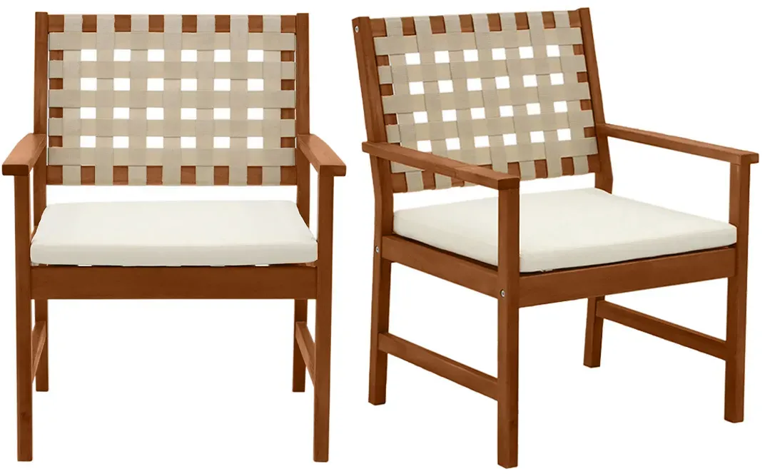 Fauteuils de jardin en bois massif avec coussin blanc et sangles beiges (lot de 2) SANTANA