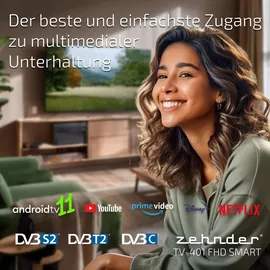 Zehnder TV-401 FHD SMART TV 40 Zoll 101cm LED Fernseher Schmaler Rahmen LAN/WLAN Triple Tuner DVB-S2/T2/C USB Android 11 kompatibel mit Google Play...
