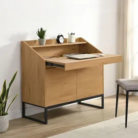 FineBuy Sekretär MDF 100cm Eiche Dekor Kompakt Schreibtisch mit Stauraum Home Office