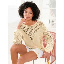Strickpullover HEINE "Pullover", Damen, Gr. 50, beige (sand), 100% Baumwolle, unifarben, Langarm, Pullover