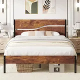 VECELO Bettgestell 140 x 200 cm, Metallbett mit Doppelschicht Holzkopfteil und Lattenrost, Modern Gästebett Jugendbett mit Stauraum Unter Dem Bett, Perfekt für Schlafzimmer, Braun