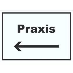 Praxis Schild mit Text und Richtungspfeil links Arzt Gesundheit waagerecht A2 (420x594mm)