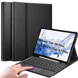 QYiiD Tastatur Hülle mit Touchpad für Galaxy Tab S7 FE / S7+/S7 Plus/S8 Plus 2022, Abnehmbare Kabellose QWERTZ Tastatur mit Schutzhülle/Trackpad für Galaxy Tab S7 FE 12,4 Zoll 2021, Schwarz