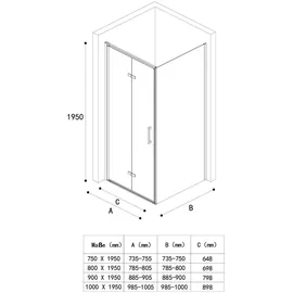 doporro Ravenna37 Eck-Duschkabine mit Falttür rechts 80 x 90 cm transparent ESG-Sicherheitsglas