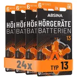 ABSINA Hörgerätebatterien 13 24 Stück mit gut greifbarer Schutzfolie - Hörgeräte Batterien 13 Zink Luft mit 1,45V - Typ 13 Batterien Hörgeräte Orange - PR48 ZL2 P13 Hörgerätebatterien