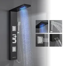 ROVOGO - Led Duschpaneel mit Thermostat, 4-funktionen Regendusche, 2 Massagedüsen, Handbrause und Badewanneneinlauf), Edelstahl Duschpaneel mit Armatur,
