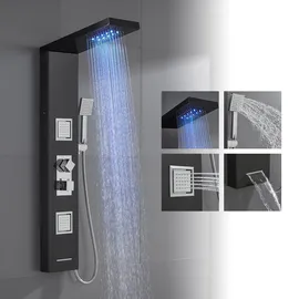 ROVOGO - Led Duschpaneel mit Thermostat, 4-funktionen Regendusche, 2 Massagedüsen, Handbrause und Badewanneneinlauf), Edelstahl Duschpaneel mit Armatur,