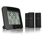 Hama Funk-Wetterstation mit 3 Außen-Sensoren „EWS-Trio“ (Thermometer, Hygrometer, Außensensoren, misst Innen- und Außen-Temperatur und -Luftfeuchtigkeit, inkl. DCF Funk-Uhr mit Wecker) schwarz