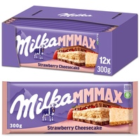 Milka Strawberry Cheesecake 12 x 300 g – Schokoladentafel aus Alpenmilch mit Erdbeer-Käsekuchen-Füllung und Keks