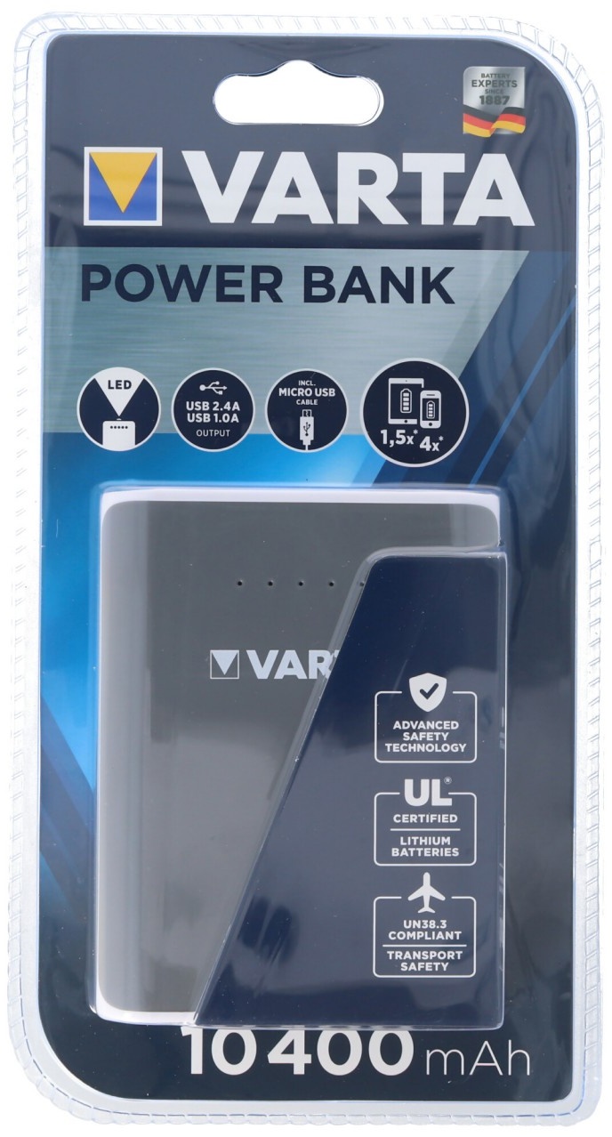 Varta Powerbank 10400mAh inklusive Micro-USB-Ladekabel, für bis zu 4 Smartphone- oder 1.5 Tabletladungen