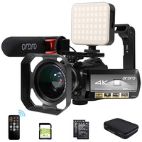 ORDRO 4K Videokamera Camcorder Full HD 1080P 60FPS Vlogging-Kamera für YouTube 30-facher Digitalzoom 3,1-Zoll-IPS-Bildschirm mit Mikrofon, LED-Licht, Kameraständer und Tragetasche