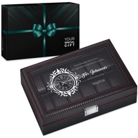 Maverton Uhrenbox mit Gravur für 12 Uhren - 33x21x8cm - Uhrenkasten aus Kunstleder - Schwarz - Geschenk für Männer - Zifferblatt
