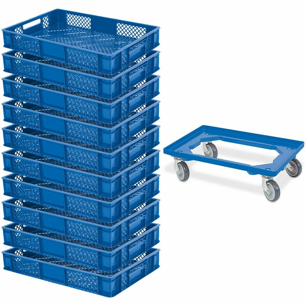 10x Euroboxen / Bäckerkiste, LxBxH 600x400x90 mm, blau + Transportroller