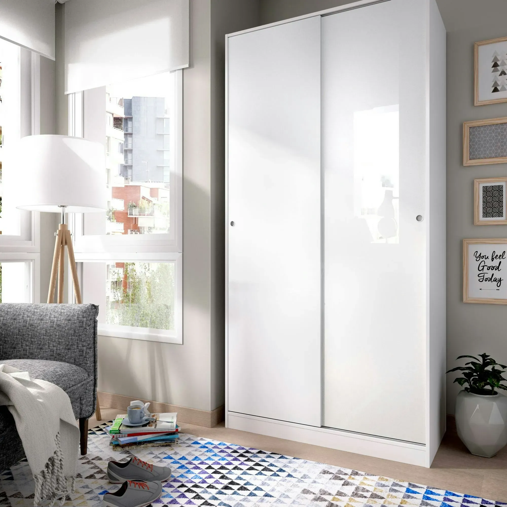 Dmora Kilimangiaro Kleiderschrank, Kleiderschrank mit 2 Schiebetüren, 100x50h204 cm, Weiß