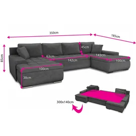 Sofnet Wohnlandschaft mit Schlaffunktion Faris U-Form - Couch, Schlafsofa mit Bettkasten, Couchgranitur mit Bettfunktion, Big Sofa, Bettsofa (Dunkelgrau (Kronos 22))