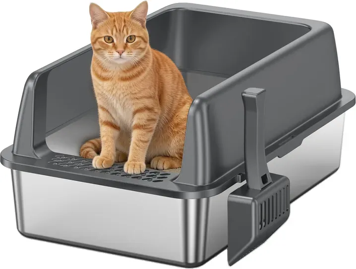 VVM Edelstahl-Katzentoilette mit Deckel, extra große Katzentoilette, XL große Metall-Katzentoilette für große Katzen mit hohen Seiten, Grau (haftfrei, leicht zu reinigen, urinundurchlässig)