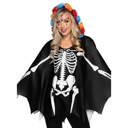 Leg Avenue Kostüm Day of the Dead Poncho, Einfach schnell verkleiden mit diesem Skelett-Überwurf! schwarz