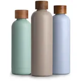 T&N Edelstahl Trinkflasche 1 Liter, Thermosflasche 1l mit Akazienholz Deckel, Isolierte Wasserflasche auslaufsicher bei Kohlensäure, Isolierflasche 1000ml - Mud Grey