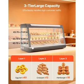 Vevor 3-stöckige Wärmetheke 180 L, Warmhaltevitrine 1600 W, Warmhaltetheke 30–85 °C, Speisenwärmer mit LED-Beleuchtung & Verstellbaren Ablagen, Speisevitrine für Hamburger Pizza Brot Brathähnchen