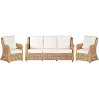 BELIANI Lounge Set Naturfarben Rattan 3-Teilig Geflochten Sofa u. 2 Sessel mit Kissen Cremeweiß Boho Design Outdoor Indoor Garten Terrasse Rattanmöbel