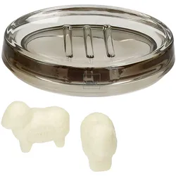 3tlg Geschenkset SEVENADE - 1x Glas-Seifenschale grau 20580 & 2x Schäfchenseife aus Schafsmilch 100006