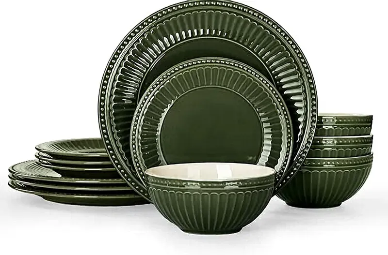 Richmount Garten Serie Geschirrset - 12-teiliges Keramikset für 4 Personen - Enthält Essteller/Salatteller/Müslischalen - Spülmaschinen- und Mikrowellengeeignet - Dunkelgrün