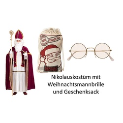 Scherzwelt König-Kostüm Nikolaus Kostüm Bischof Weihnachten Gr. M – 3XL — inklusive Weihnachtsmannbrille und Jutesack rot|weiß L, XL