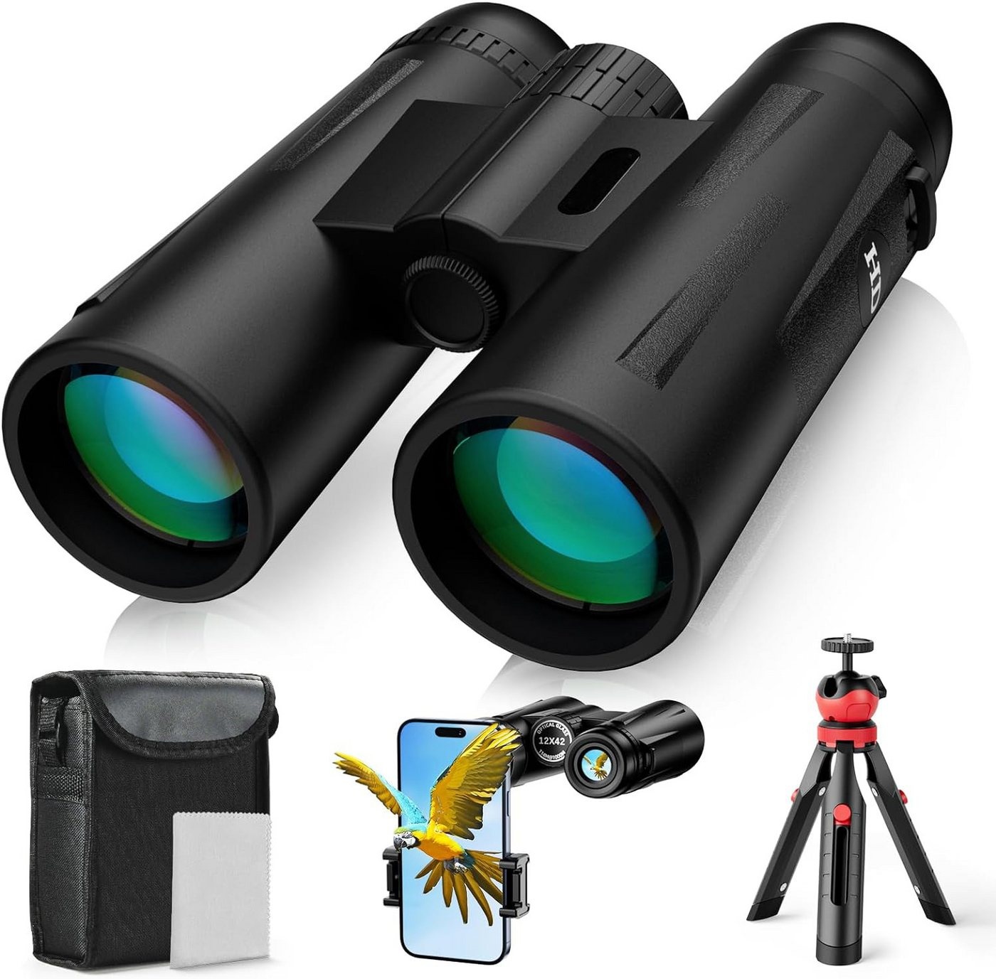 HYTIREBY Hochleistungsfernglas,12x42 HD Fernglas Kompaktfernglas für Erwachsene Binocular (Vogelbeobachtung, Jagd, Wandern mit Smartphone-Adapter) schwarz