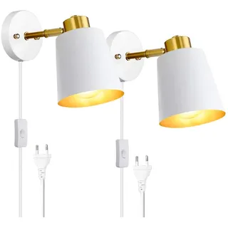 2-Set Wandleuchte mit Stecker und Kabel Schwenkbar Verstellbare Wandlampe mit Schalter Weiß Metall Schirm E27 Nachttischlampe Wand Leselampe Wandbeleuchtung für Schlafzimmer Wohnzimmer Kinderzimmer