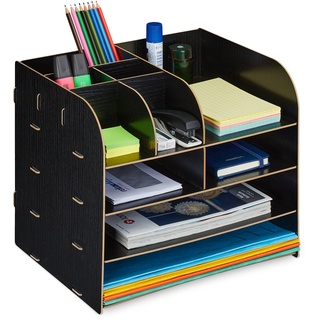 Relaxdays Schreibtisch Organizer mit Dokumentenablage, 10 Fächer, HBT: 27,5 x 32,5 x 25 cm, Büroorganizer MDF, schwarz