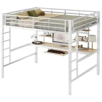 OKWISH Bett Eisenbett, Hochbett, Metallbett (Hochbett,mit Schreibtisch & Bücherregalen-Stabiler Stahlrahmen, 90x200cm), Ohne Matratze weiß