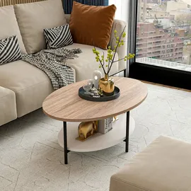 [en.casa] Couchtisch Fredericia Wohnzimmertisch oval Beistelltisch Eiche-Optik Weiß Sofatisch mit unterer Ablage /