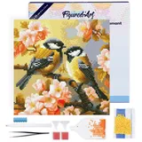ap commerce FiguredArt DP-SFA183-Y - Mini Diamond Painting, Vogelpaar zwischen Blüten, Leinwand-Keilrahmen (25x25cm), DIY Bastelset