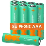 PeakPower Akku AAA für Telefon, 8 Stück AAA Batterien wiederaufladbar, ideal für schnurlose Telefone, ohne Memory-Effekt, 1,2 Volt (1,2V), geringe Selbstentladung, Ready-to-Use (8X AAA Akku Telefon)