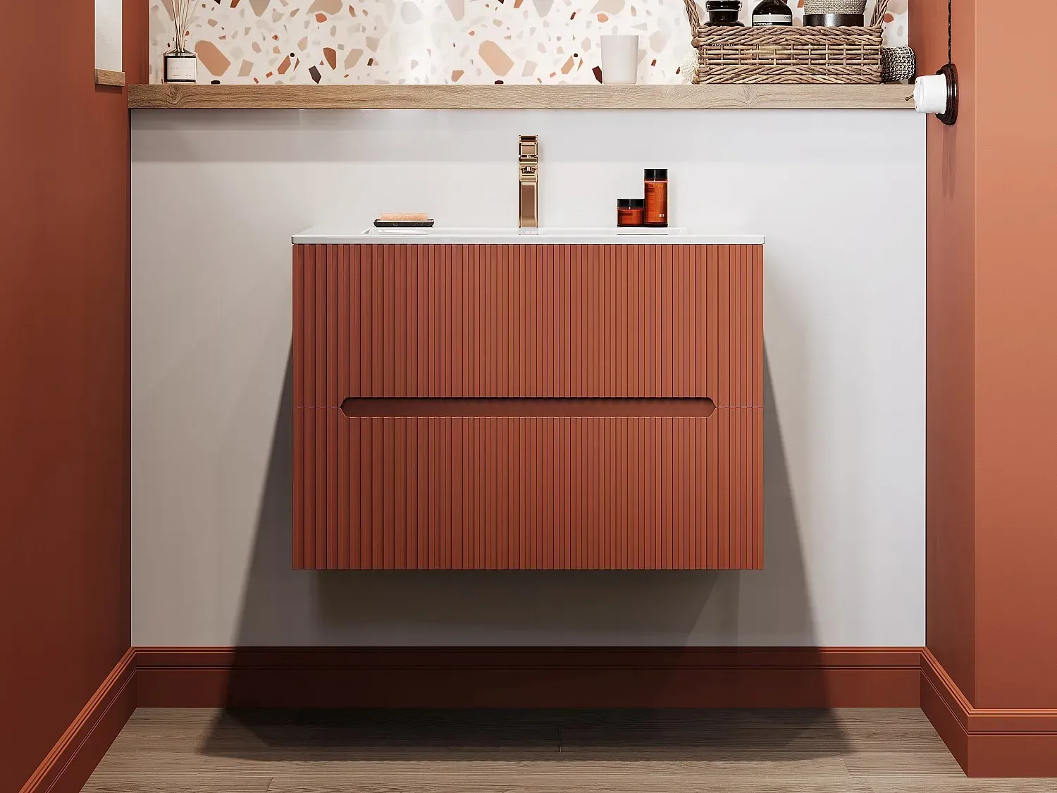 Waschbeckenunterschrank hängend mit Einbauwaschbecken - 80 cm - Terracotta gerippt - PAVANI