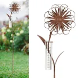 JUJOYBD Regenmesser für Garten Frostsicher mit Stab, Dekorativer Niederschlagsmesser H 110 cm, Regenwassermesser Glas auf Gartenstecker, Blumenverzierung Metall Edelrost Deko für Balkon Terrasse