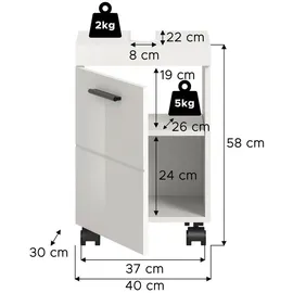 Möbel Boss Waschbeckenunterschrank Nova auf Rollen 40x58x30 cm in weiß Hochglanz – Mobiler Badunterschrank mit 1 Tür & 1 Einlegeboden – Kompakte Stauraumlösung, modern, flexibel & platzsparend