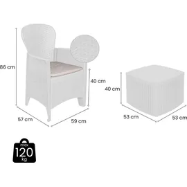 Dmora Outdoor-Lounge-Set Napoli, Gartengarnitur mit 2 Sesseln und 1 Containertisch, Sitzecke in Rattan-Optik, 100 % Italy, Weiß - Weiß