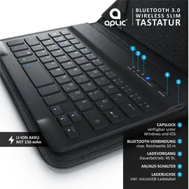 Aplic Tablet-Tastatur, Bluetooth, Kunstledercase für 7-8" Tablets, flaches & kompaktes Format
