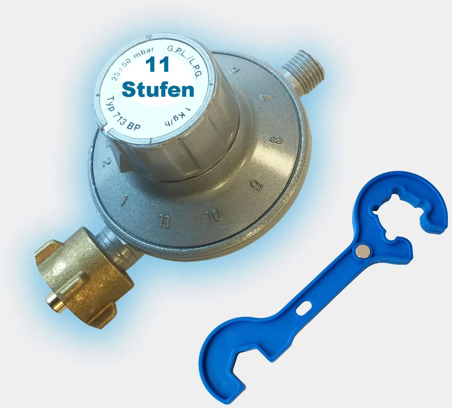 Gas-Druck-Regler 11-Stufen-Regler 25-50 mbar    inkl. Gasreglerlöser mit Magnet ...