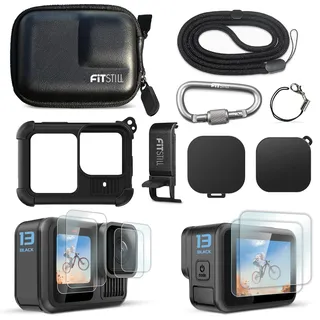 FitStill Schutz-Aufbewahrungsset für Go Pro Hero 13 schwarz, PU-Mini-Tragetasche, Silikon-Schutzhülle austauschbare Akku-Seitenabdeckung & Displayschutz & Objektivdeckel & Trageband für Hero13-Zubehör
